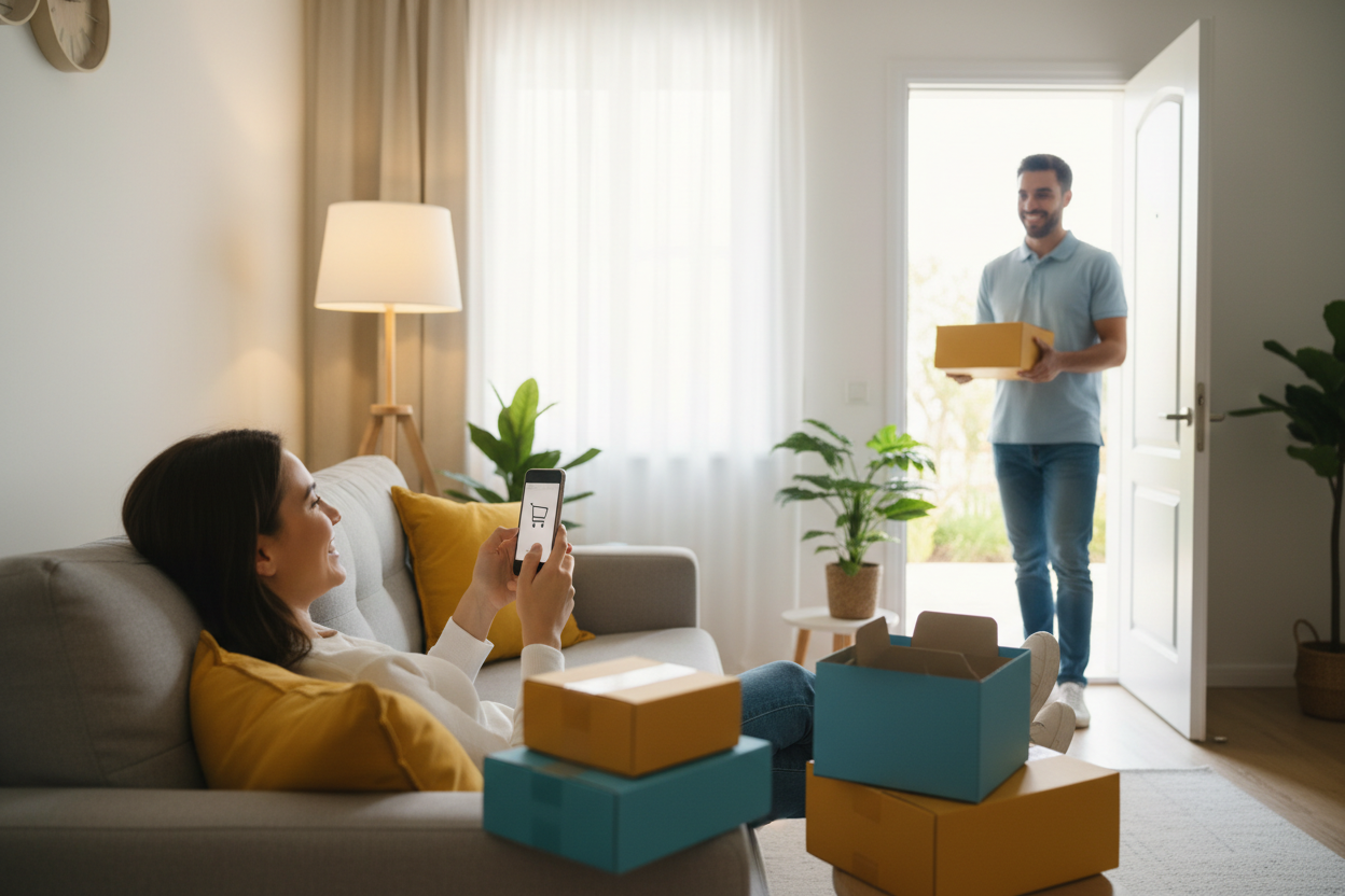 alguien realizando compras online desde su celular y recibiendo en casa